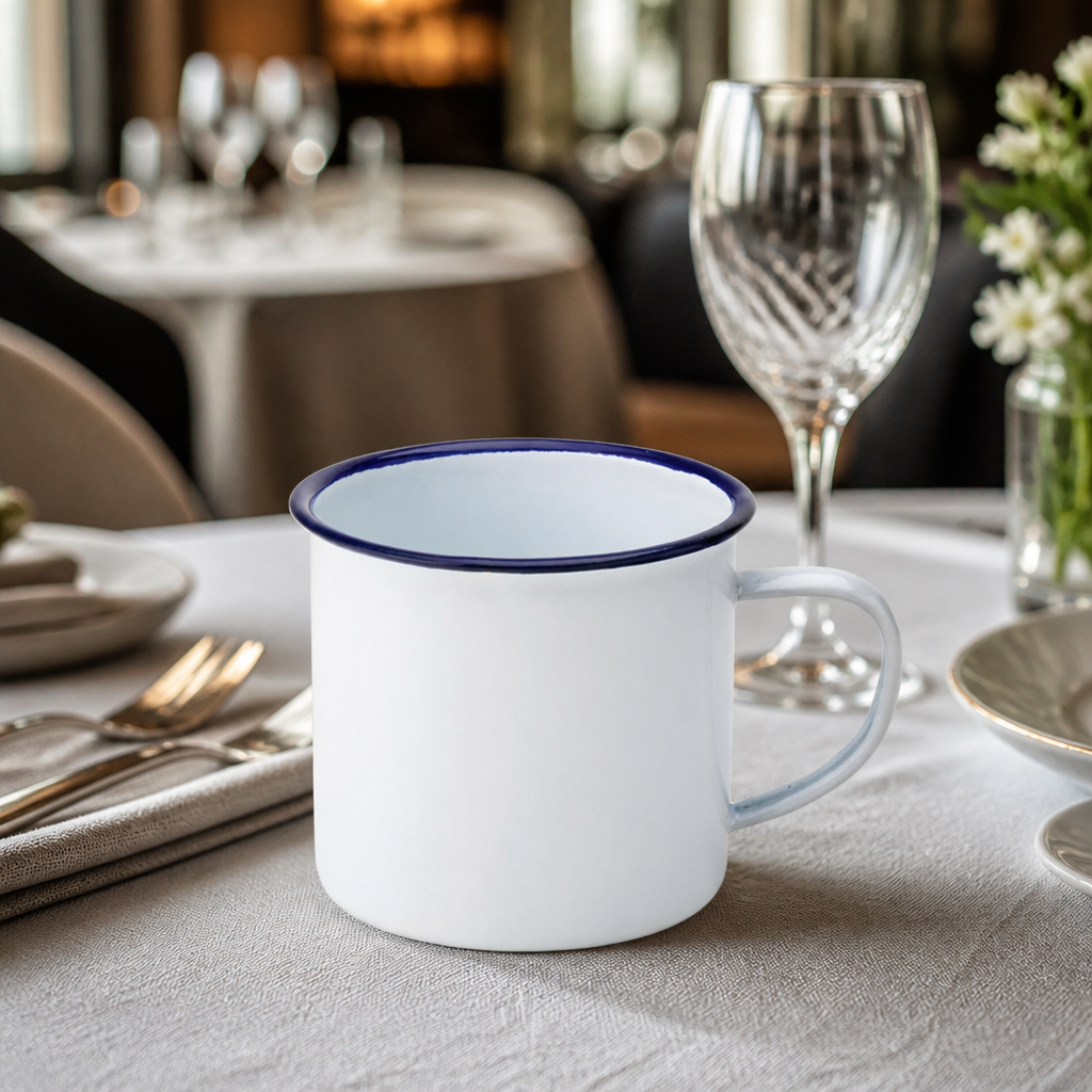 Set of 6 Commercial Enamel Mugs 380ml for catering use