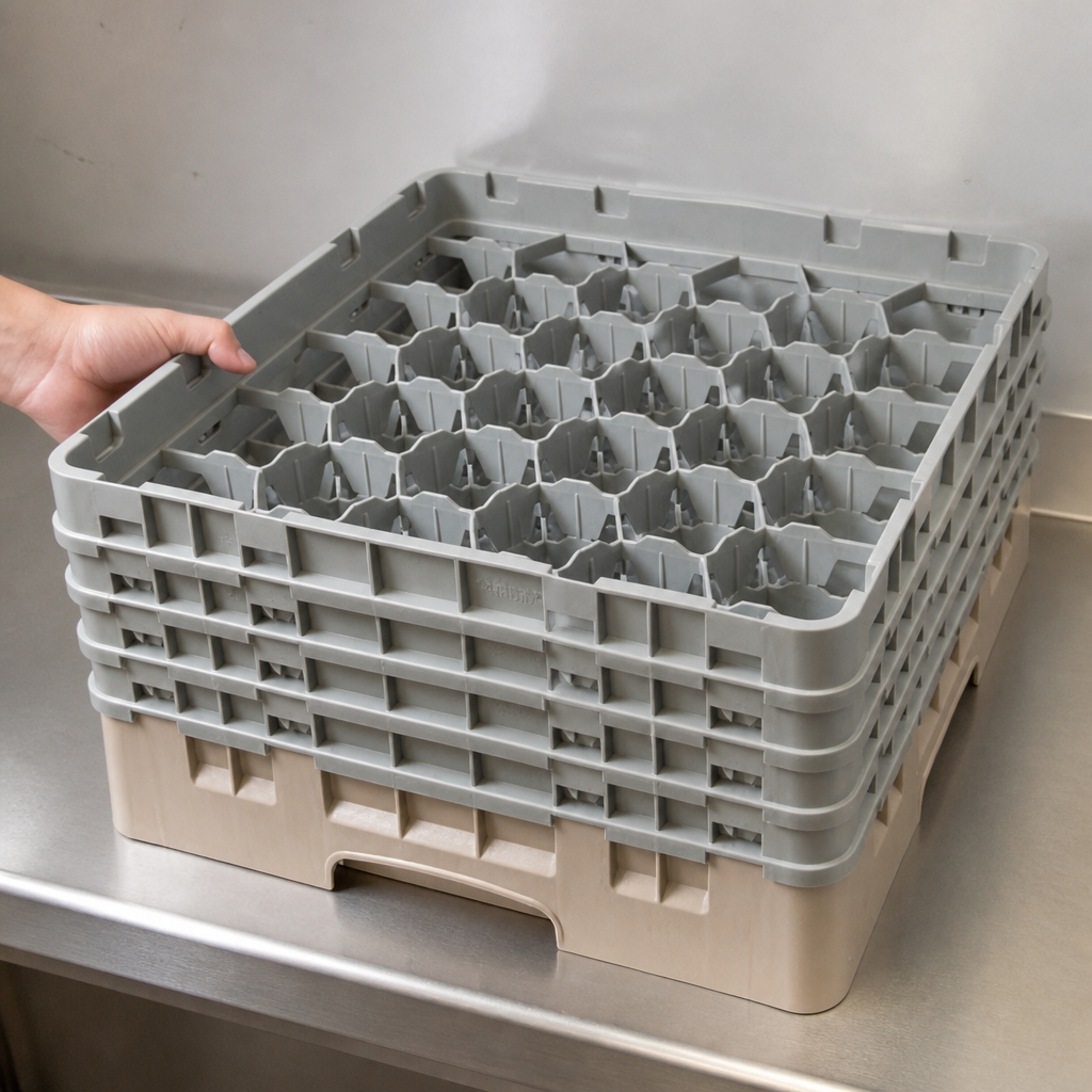 Beige commercial glass rack with 30 compartments, max height 257mm