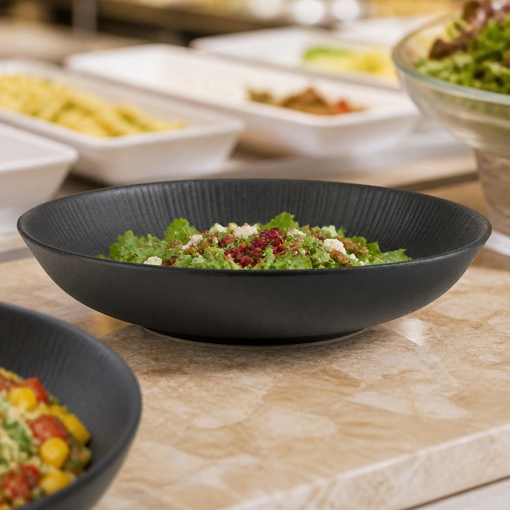 Commercial Melamine Bowl 225mm in Black, heat-resistant and durable
