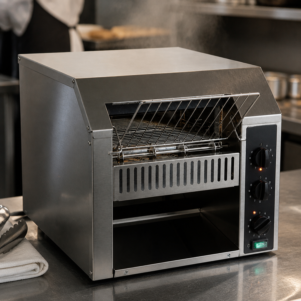 Commercial Conveyor Toaster with manual controls and crumb tray