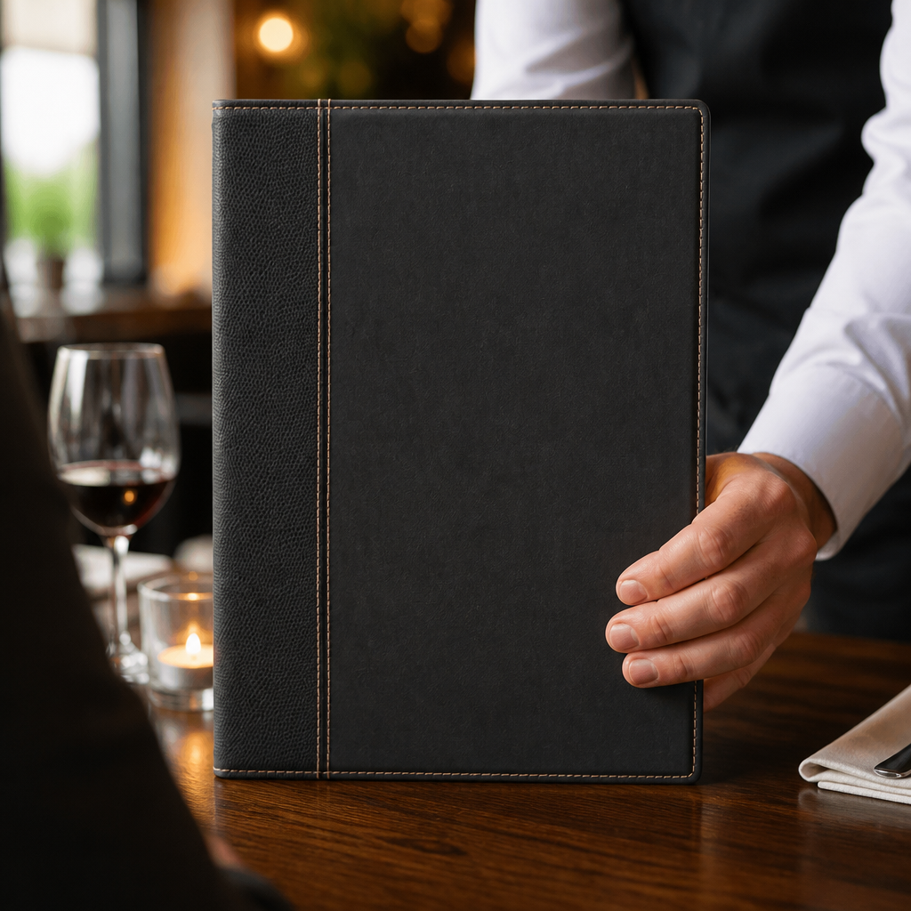 Commercial Menu Cover Black with Gloss Detailing and Stitching