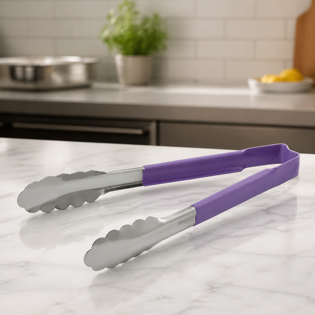 9" Purple Kool Touch Tongs - Commercial Allergen Safety Tools