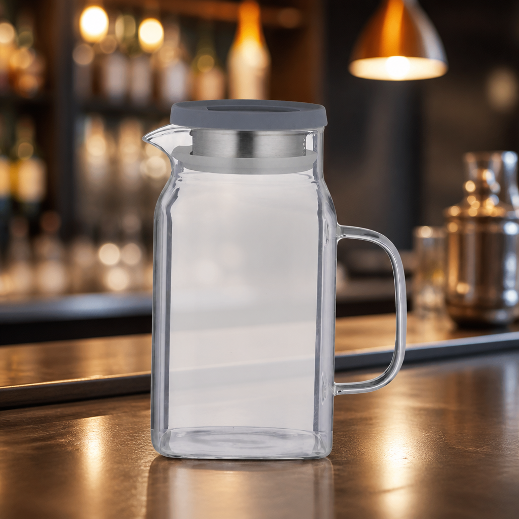 1.2L Commercial Glass Jug with Stainless Steel Lid and Pouring System