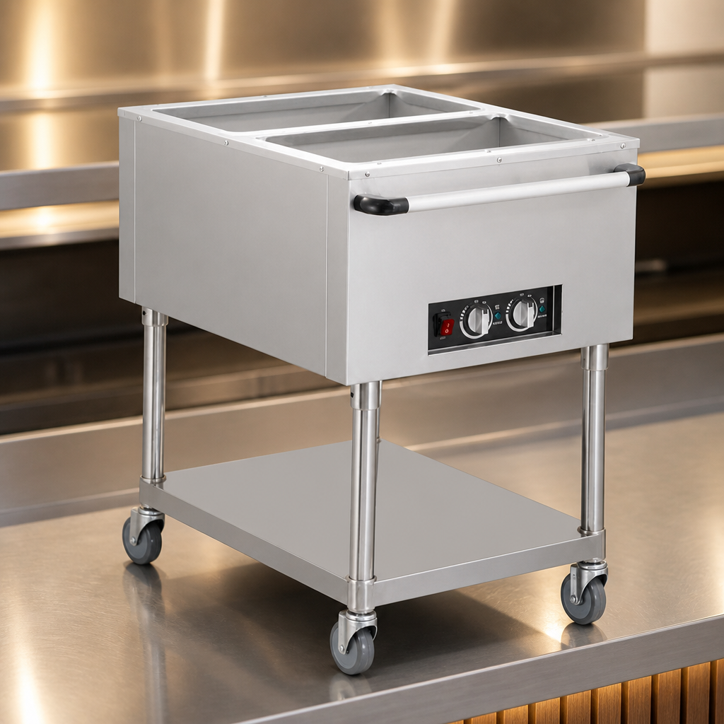 Commercial Mobile Bain Marie Trolley 2x 1/1GN Stainless Steel