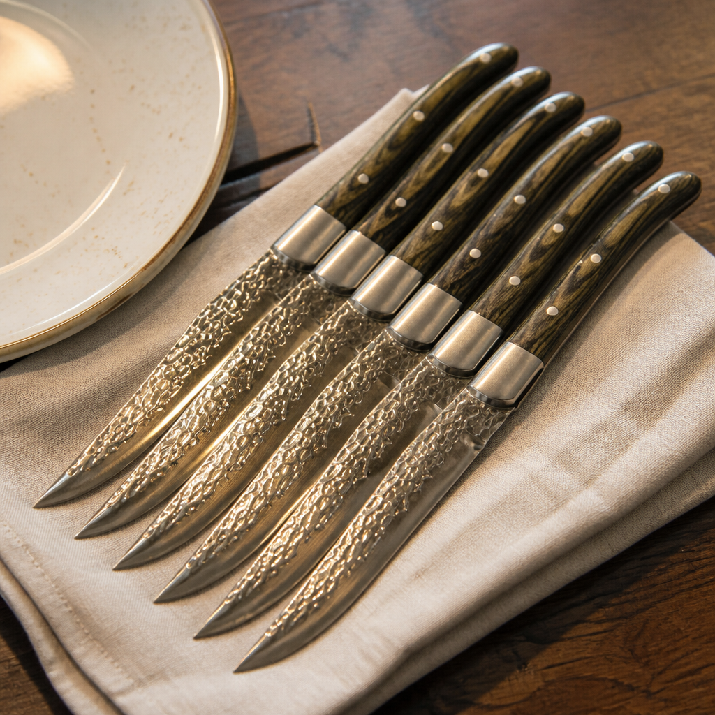 6 Pack Commercial Steak Knives with Hammered Blade Design