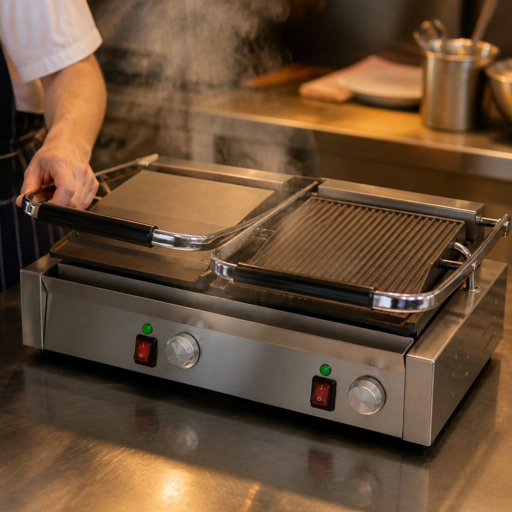 Commercial Double Contact Grill with ribbed and flat plates