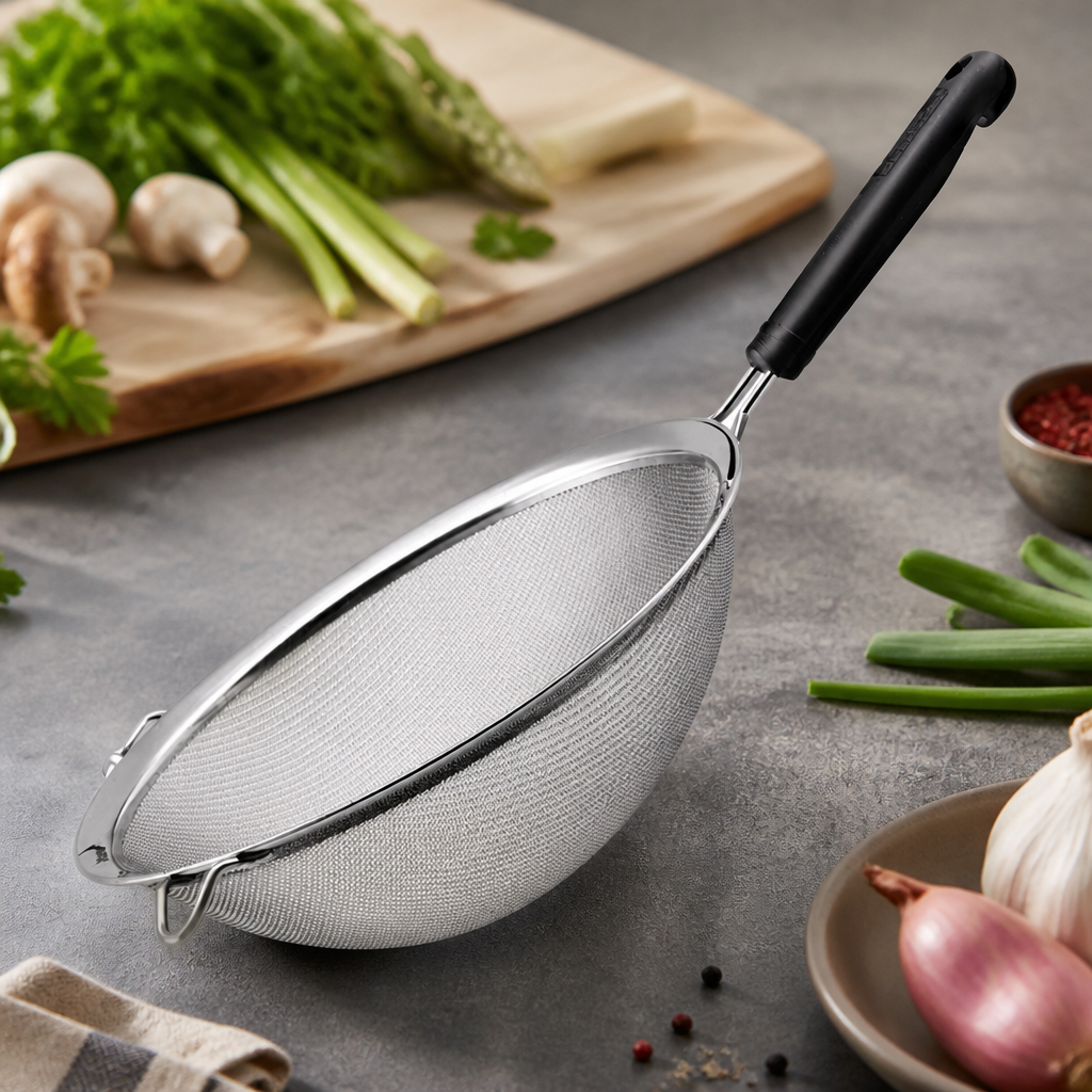 Commercial Stainless Steel Strainer 250mm with Ergonomic Handle