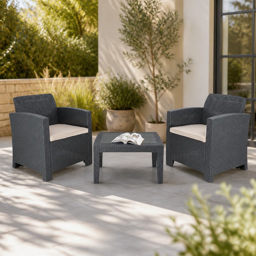 PP Armchair and Table Wicker Set Grey
