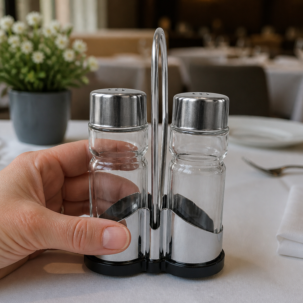 Commercial stainless steel salt and pepper condiment holder set