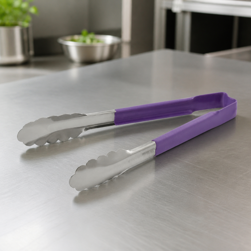 12" Commercial Kool Touch Tongs - Purple Allergen Safety Tool