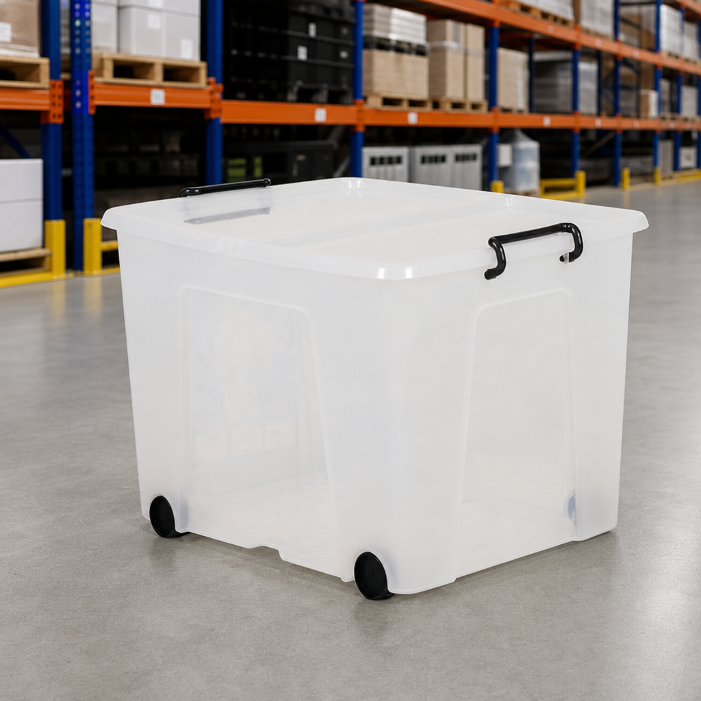 75L Clear Plastic Storage Boxes with Wheels – Pack of 2