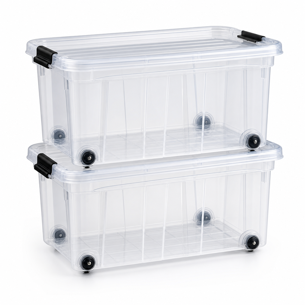 75L Clear Plastic Storage Boxes with Wheels – Pack of 2