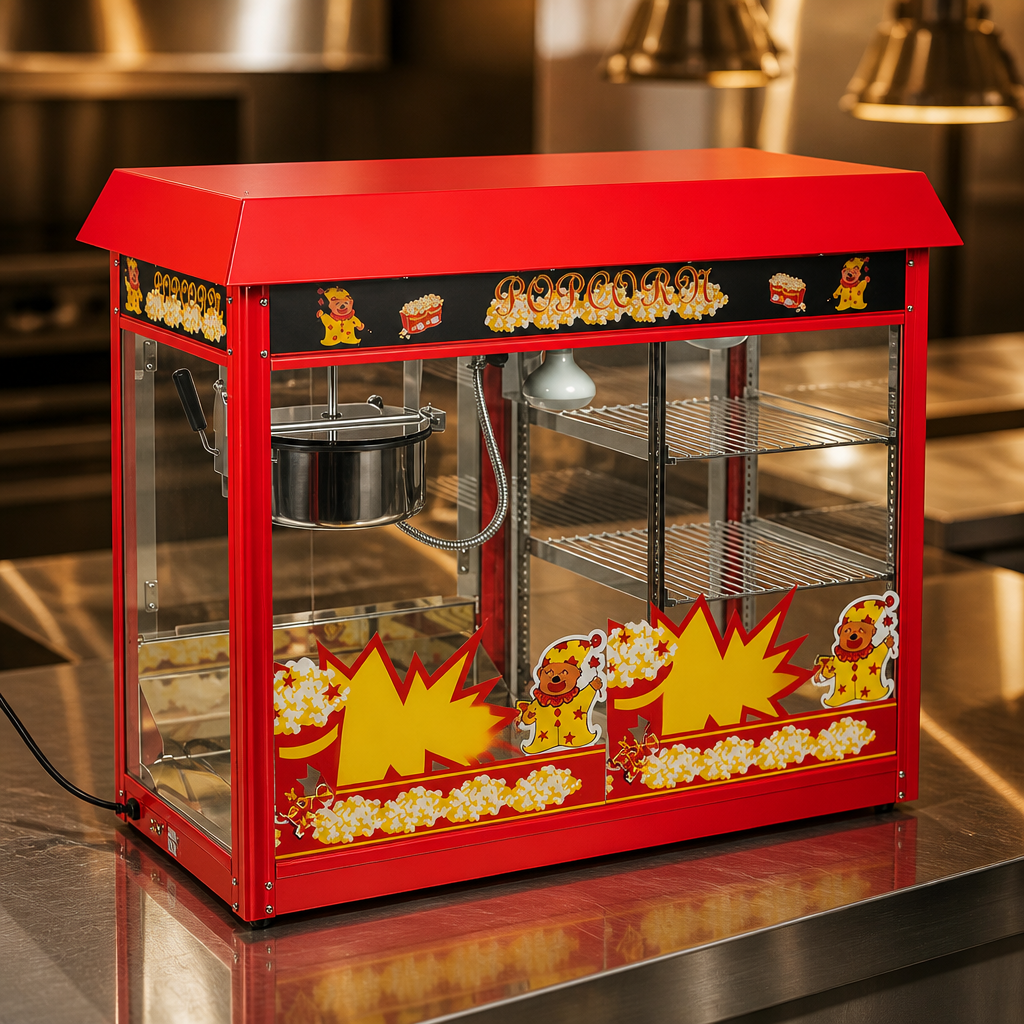 Commercial popcorn machine with dual shelves for high demand
