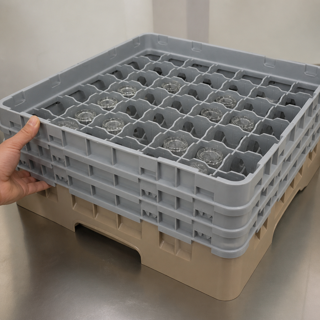 Commercial warewasher basket with 49 compartments for glassware