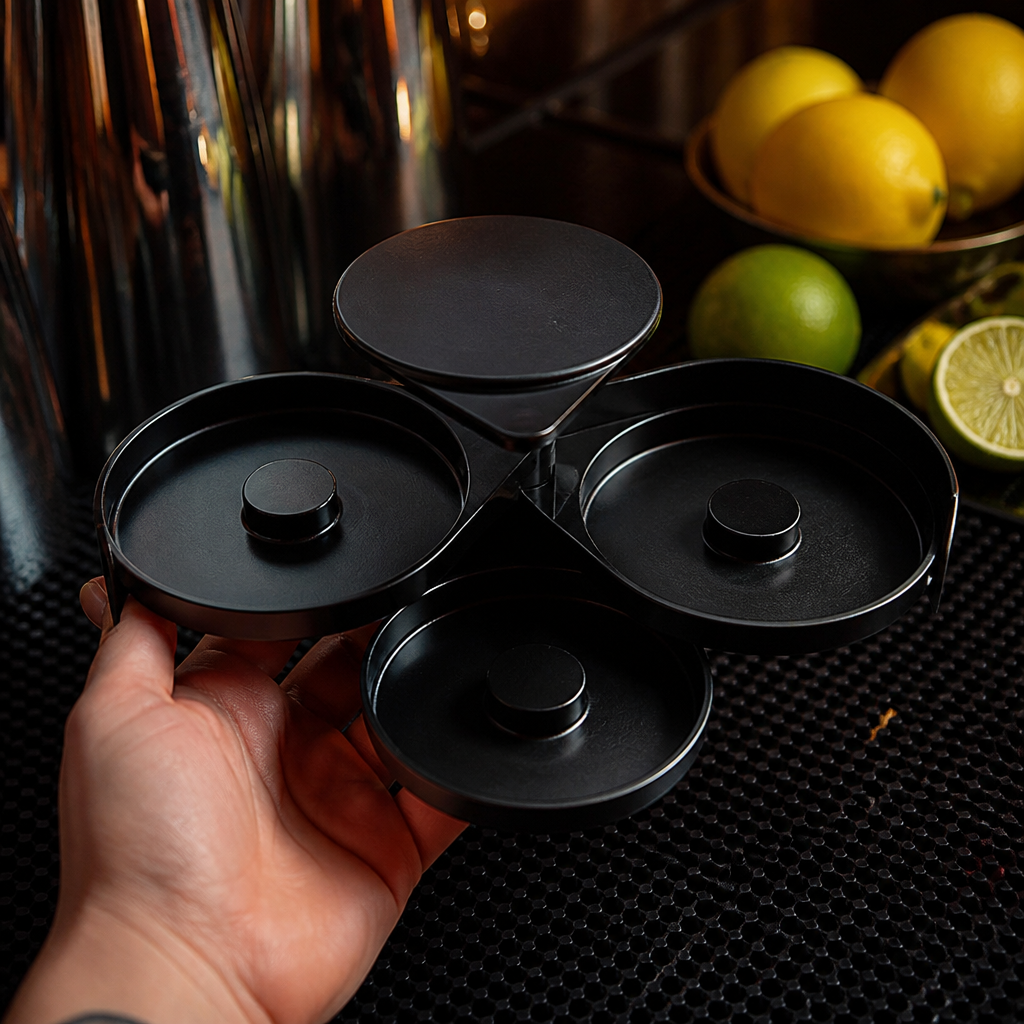 Commercial glass rimmer with lime juice, salt and sugar compartments