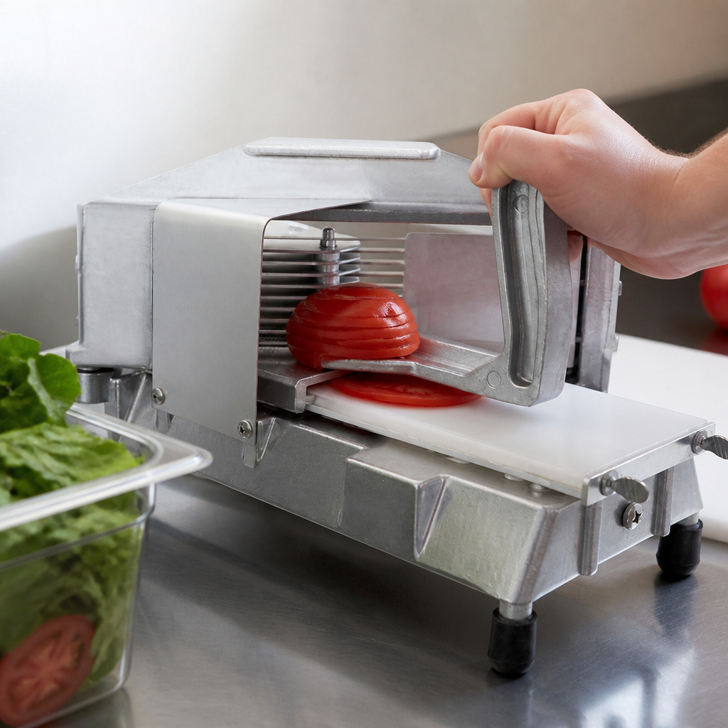 Commercial Tomato Slicer with ergonomic handle and multiple blades