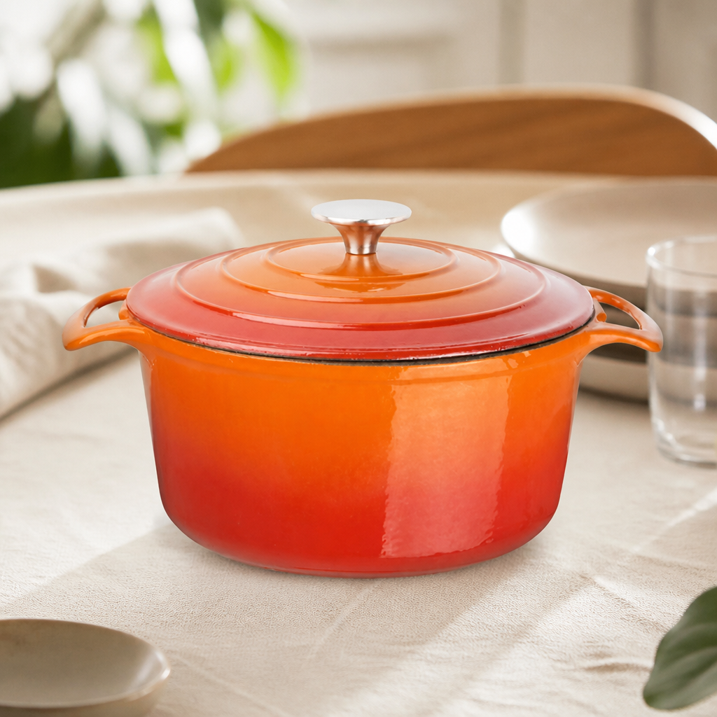 Commercial Cast Iron Round Casserole Dish 4Ltr Orange