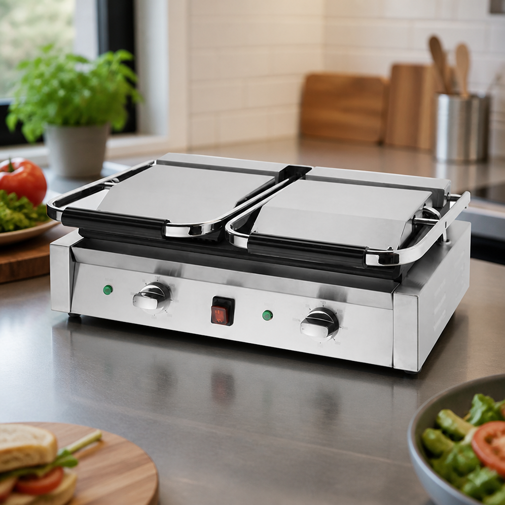 Commercial Double Ribbed Contact Grill with Removable Grease Tray