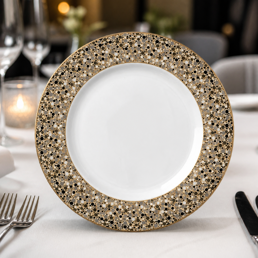 Set of 12 Fizz Plates 300mm in bone china with gold accents