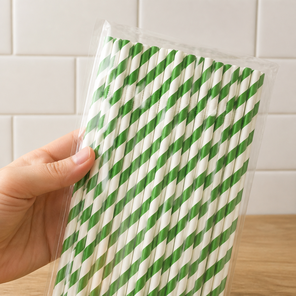 Compostable Bendy Paper Straws Green Stripes 250 Pack