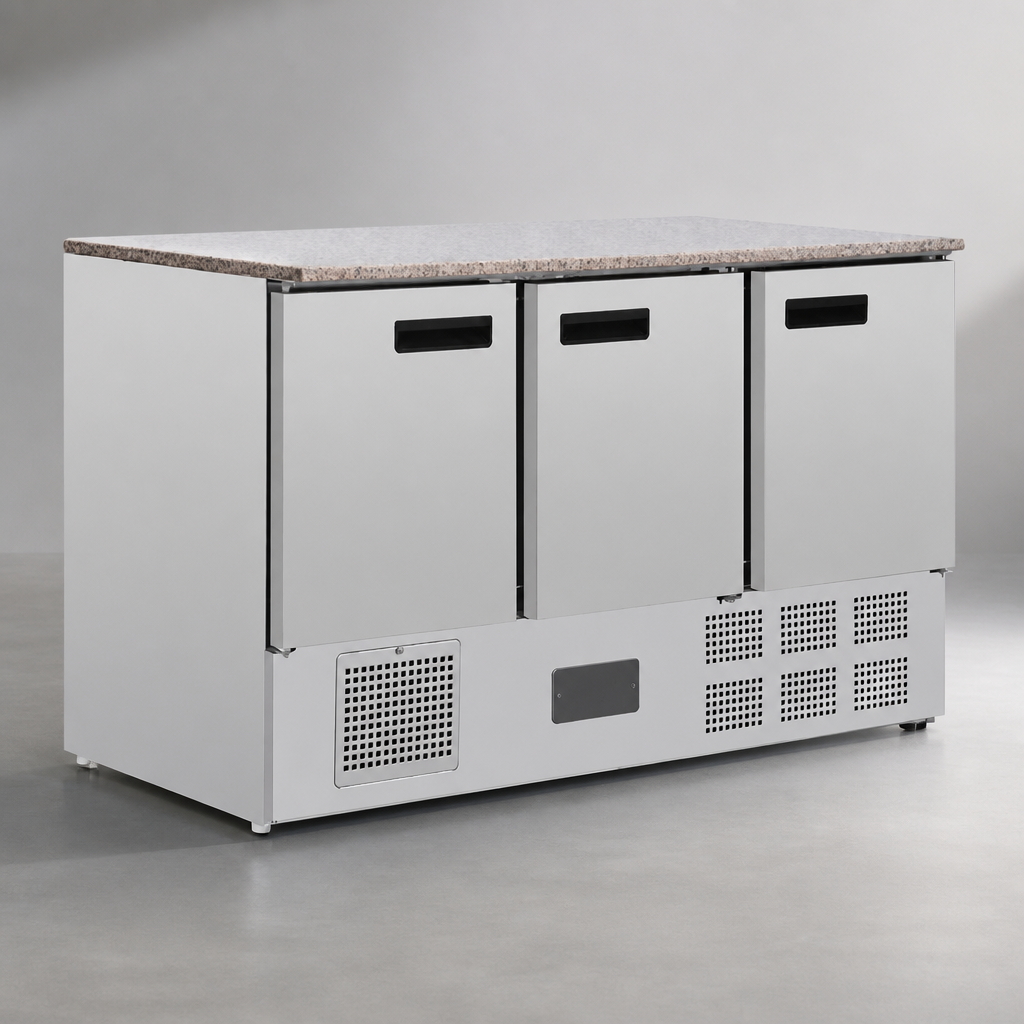Commercial 3 Door Counter Fridge with Granite Work Top 368Ltr