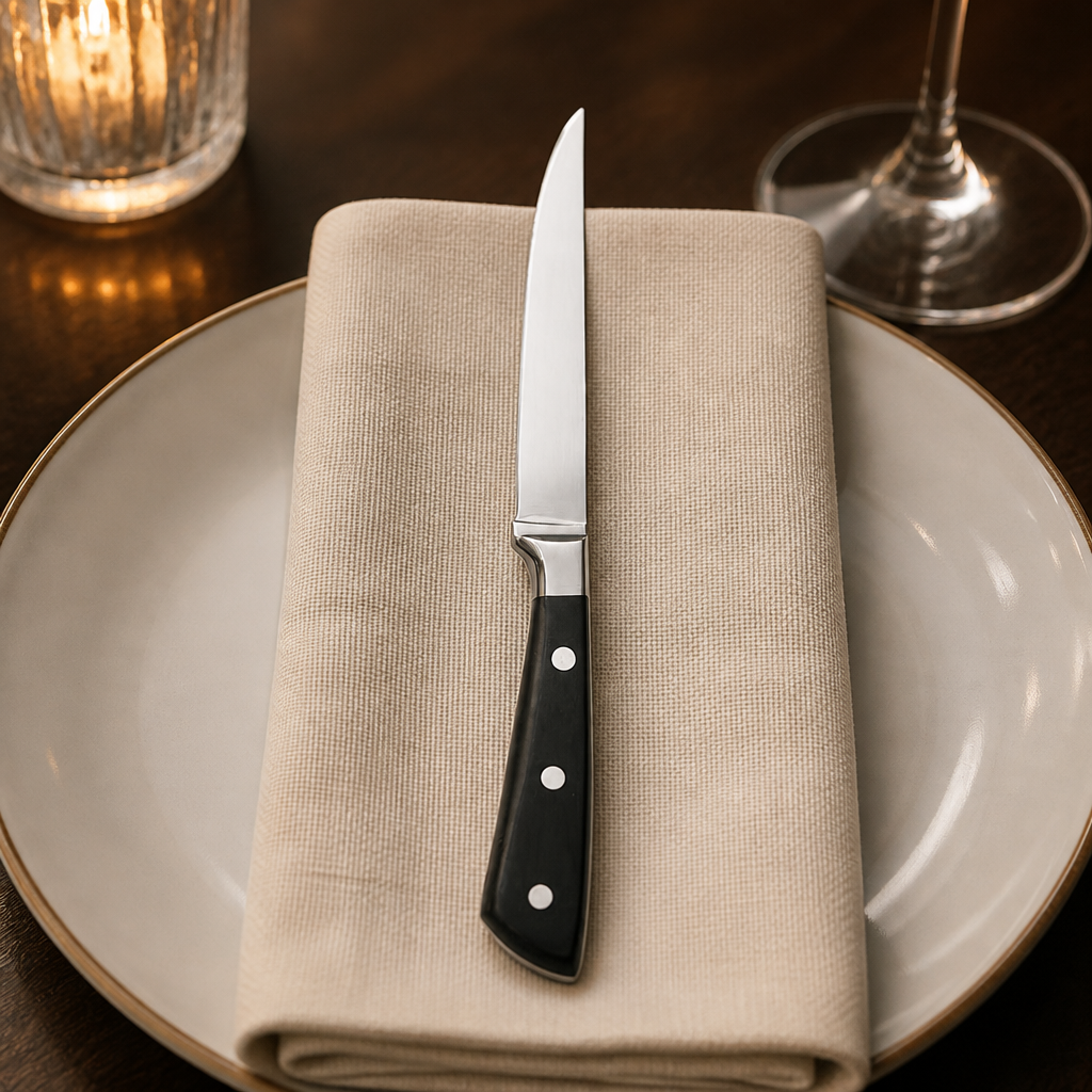 Set of 6 commercial steak knives with black acrylic handles