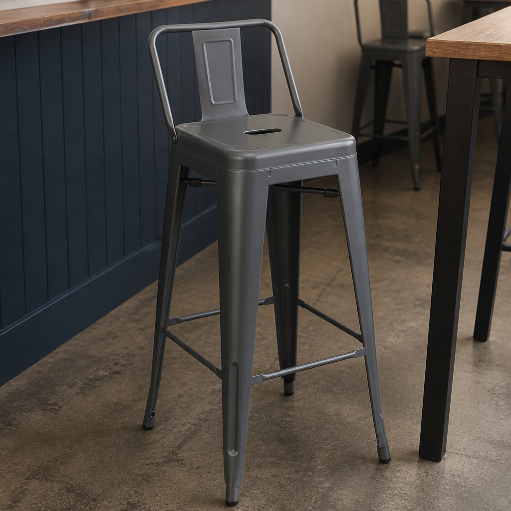 Commercial outdoor high stool with backrest in gun metal grey