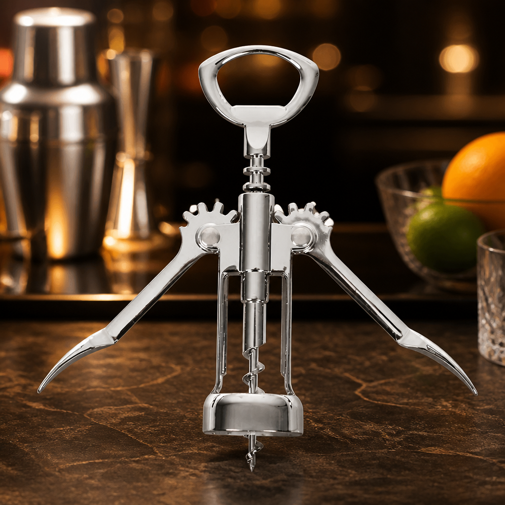 Commercial winged corkscrew and bottle opener for bars