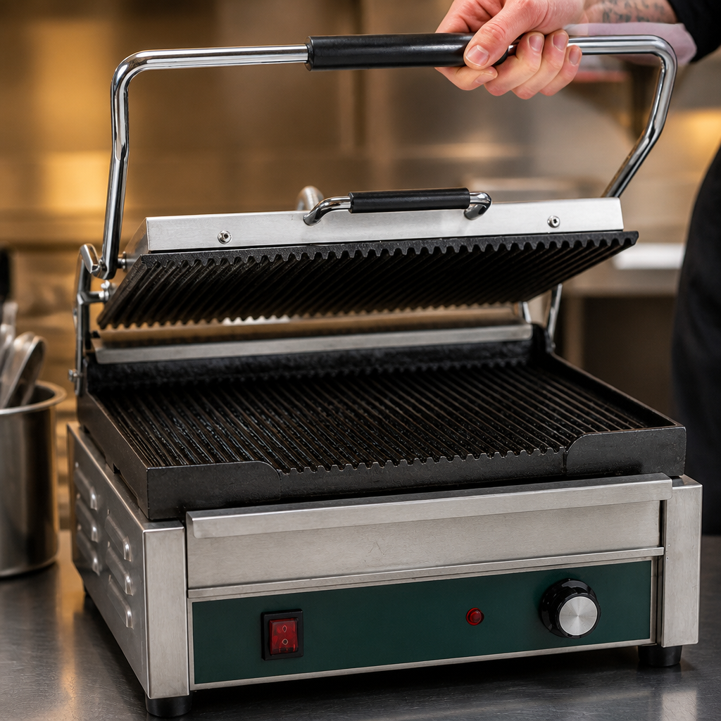 Large Commercial Panini Grill with Non-Stick Cast Iron Plates