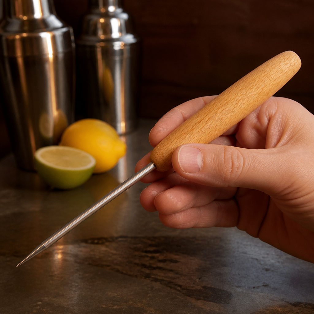 Commercial ice pick with wooden handle for bar use