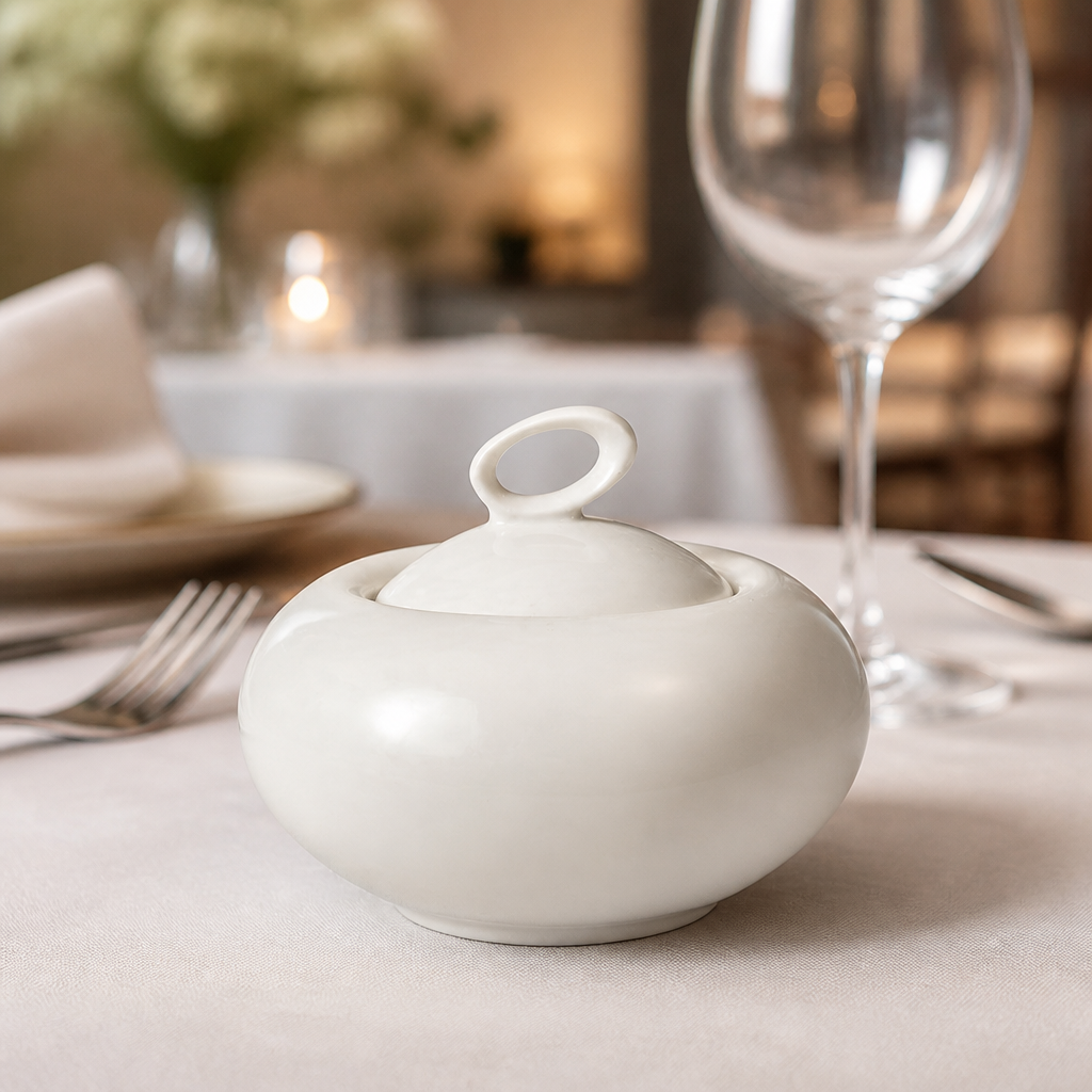 Set of 6 commercial sugar bowls with lid, 200ml capacity.