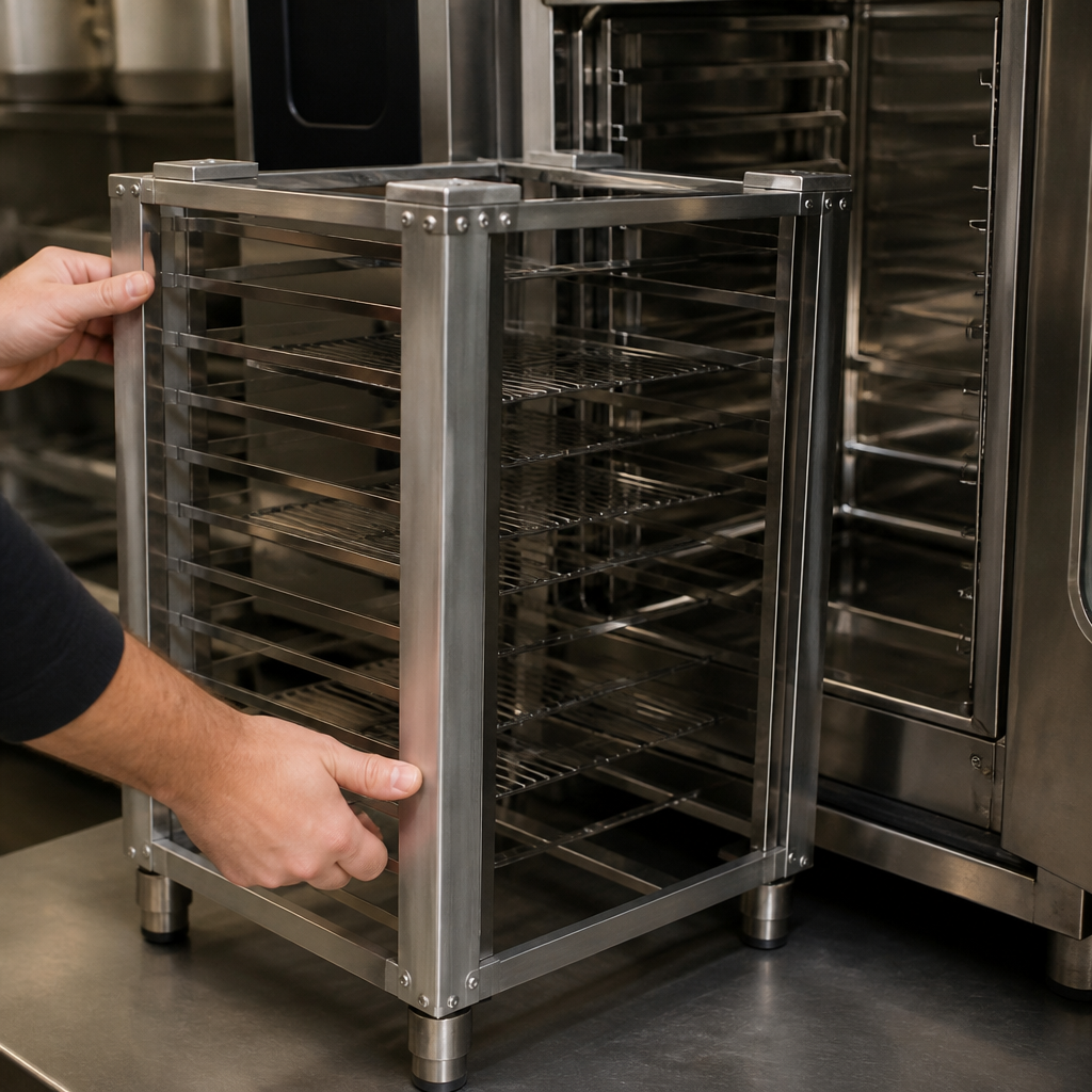 Commercial stand for 6 x GN 1/1 combi oven assembly