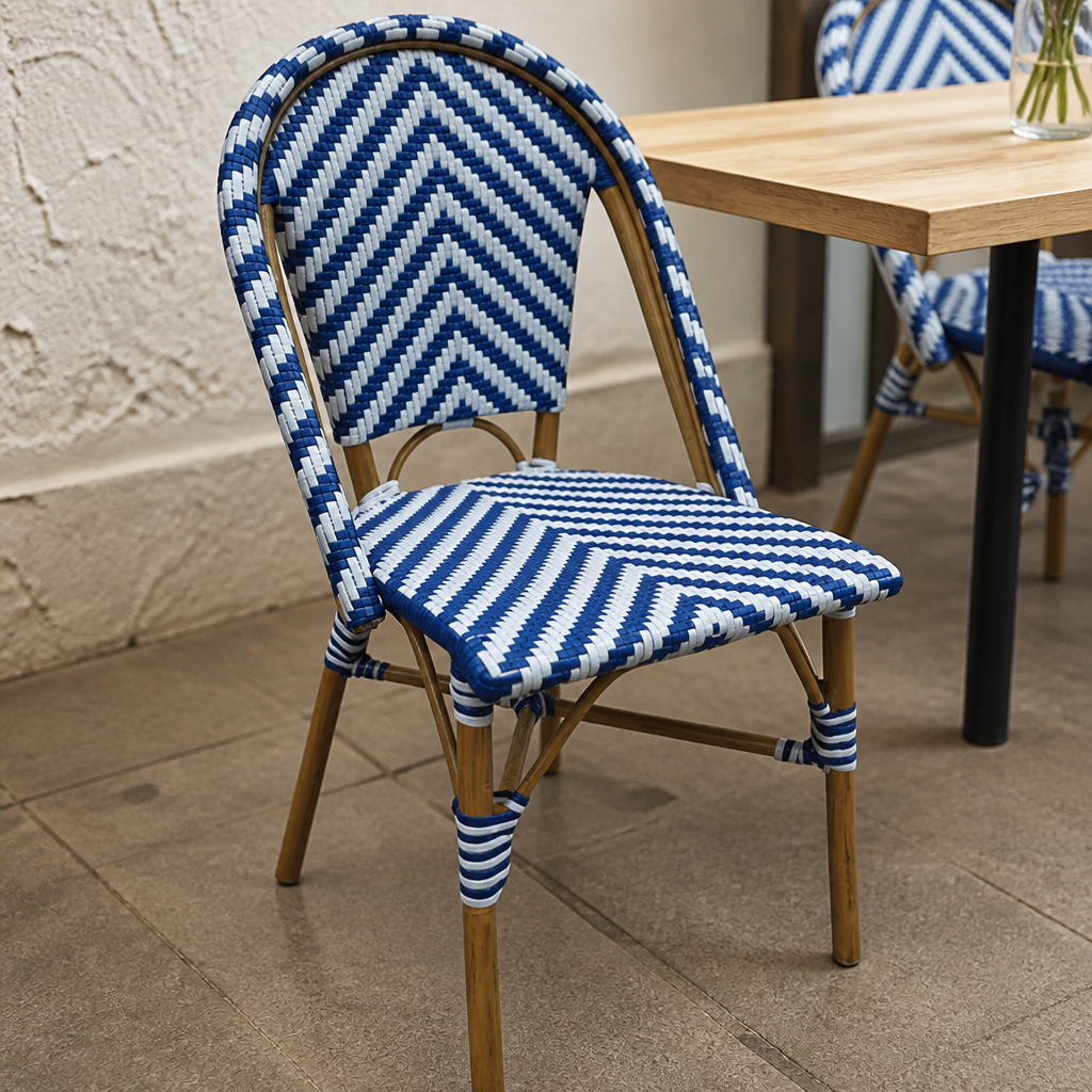 Commercial stackable rattan side chair in blue for outdoor seating