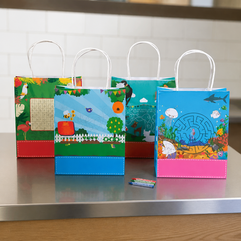 Kids Takeaway Meal Bags with food safe activity sheets