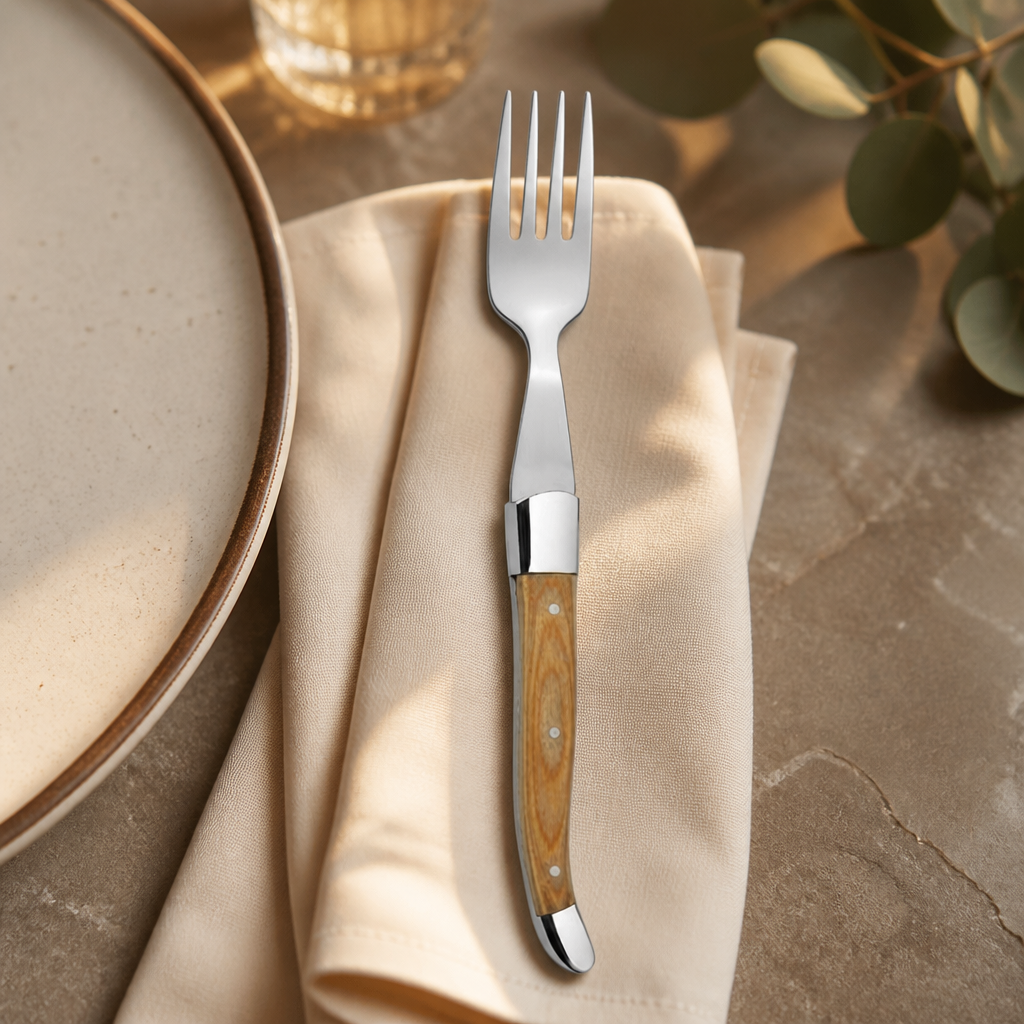 Set of 6 commercial steak forks with Pakka wood handles