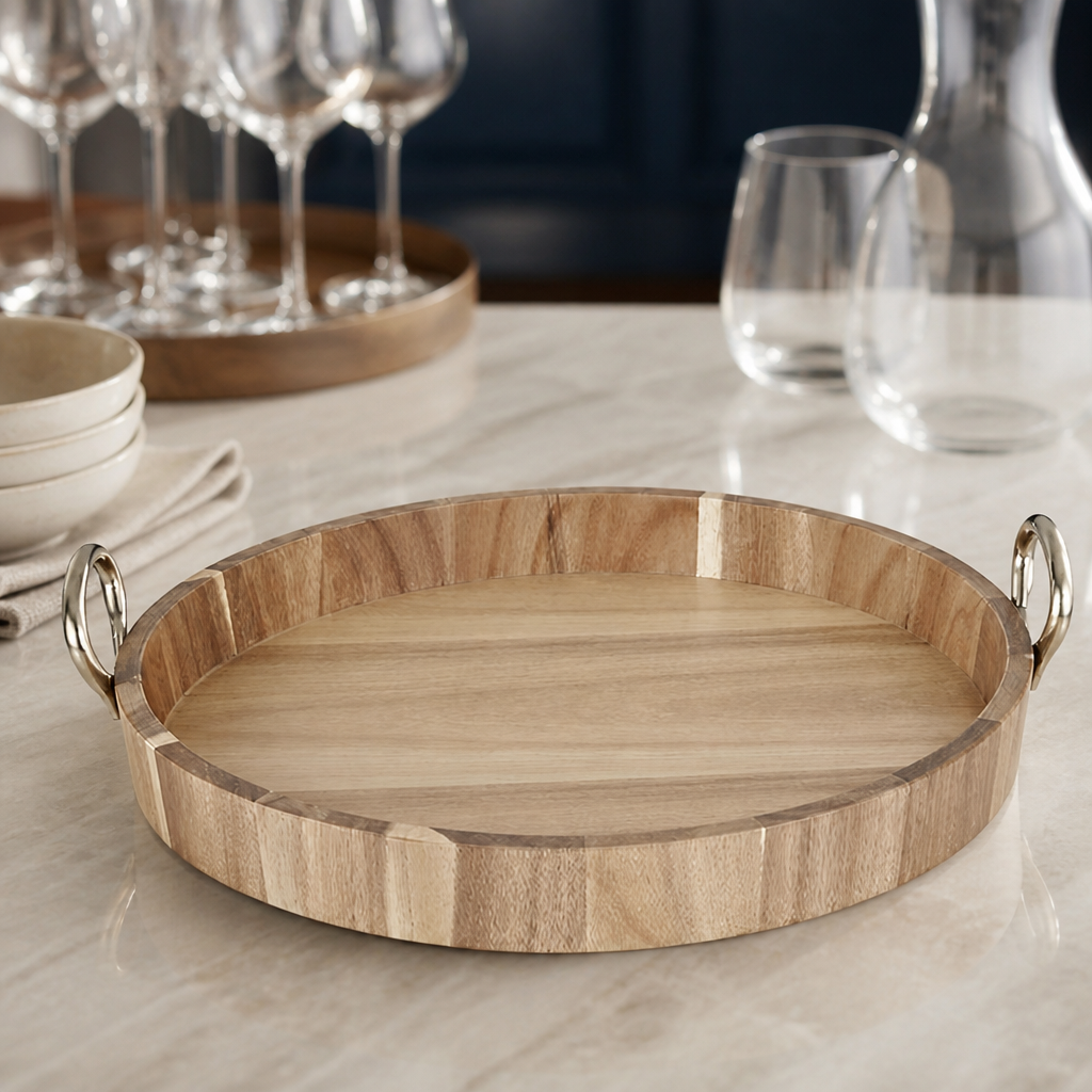 Commercial Acacia Wood Round Tray with Metal Handles 440mm