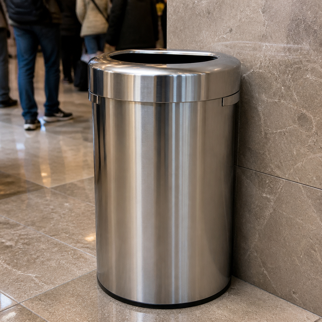 Commercial D Shape Open Lid Bin 86Ltr Brushed Steel