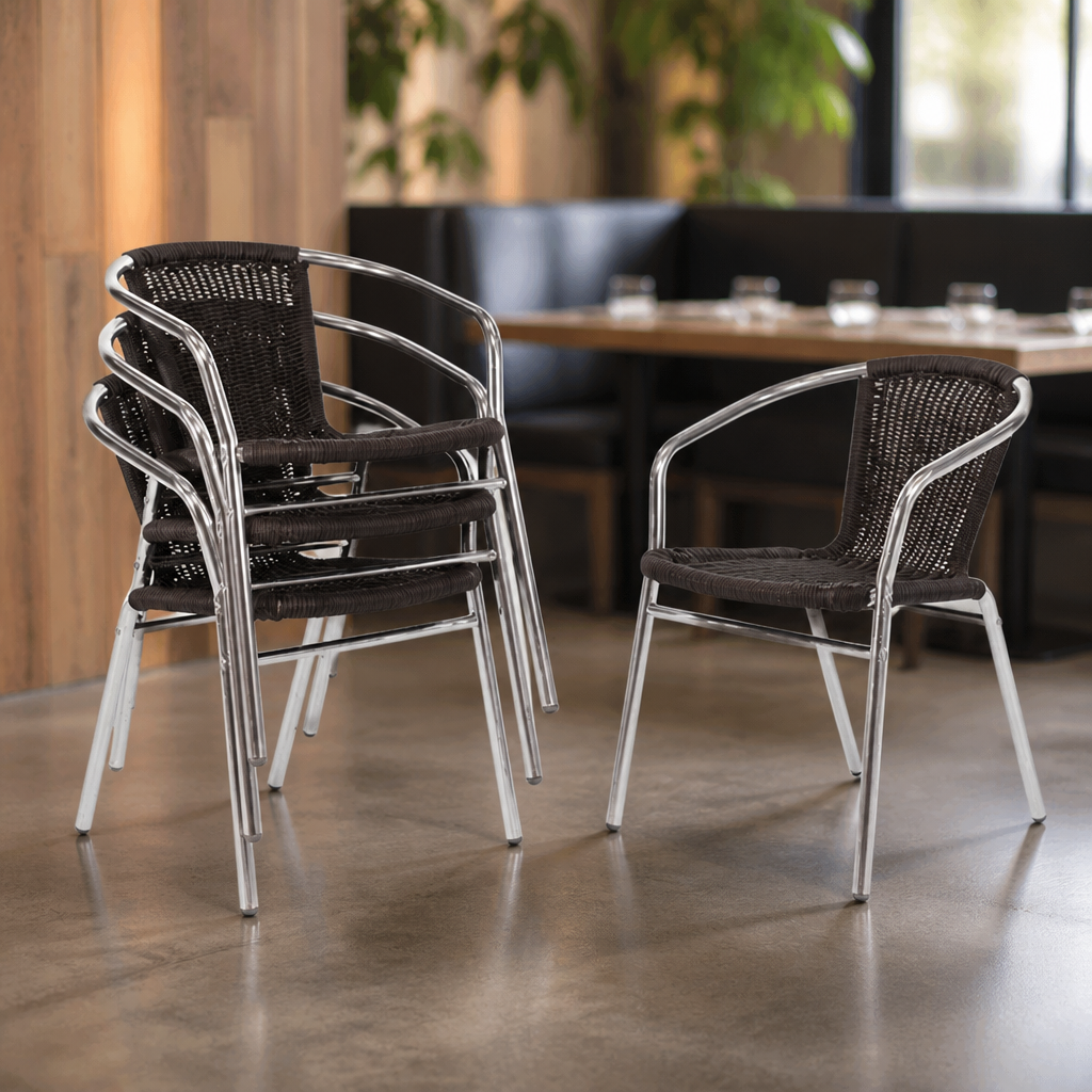 Commercial outdoor wicker chairs black - 4 pack stackable seating