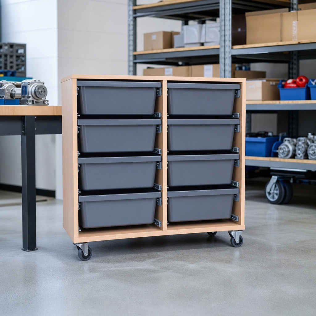 8 Quad Tray Mobile Storage Unit with Beech Frame