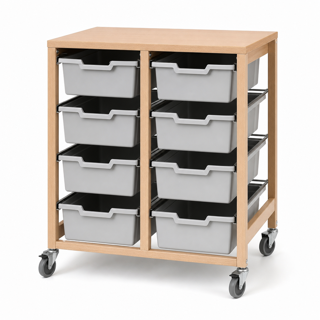 8 Quad Tray Mobile Storage Unit with Beech Frame