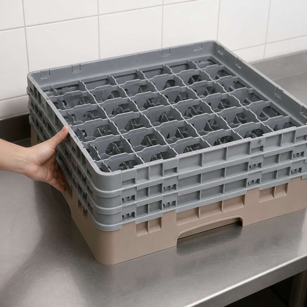 Commercial warewasher basket with 36 compartments, max height 174mm