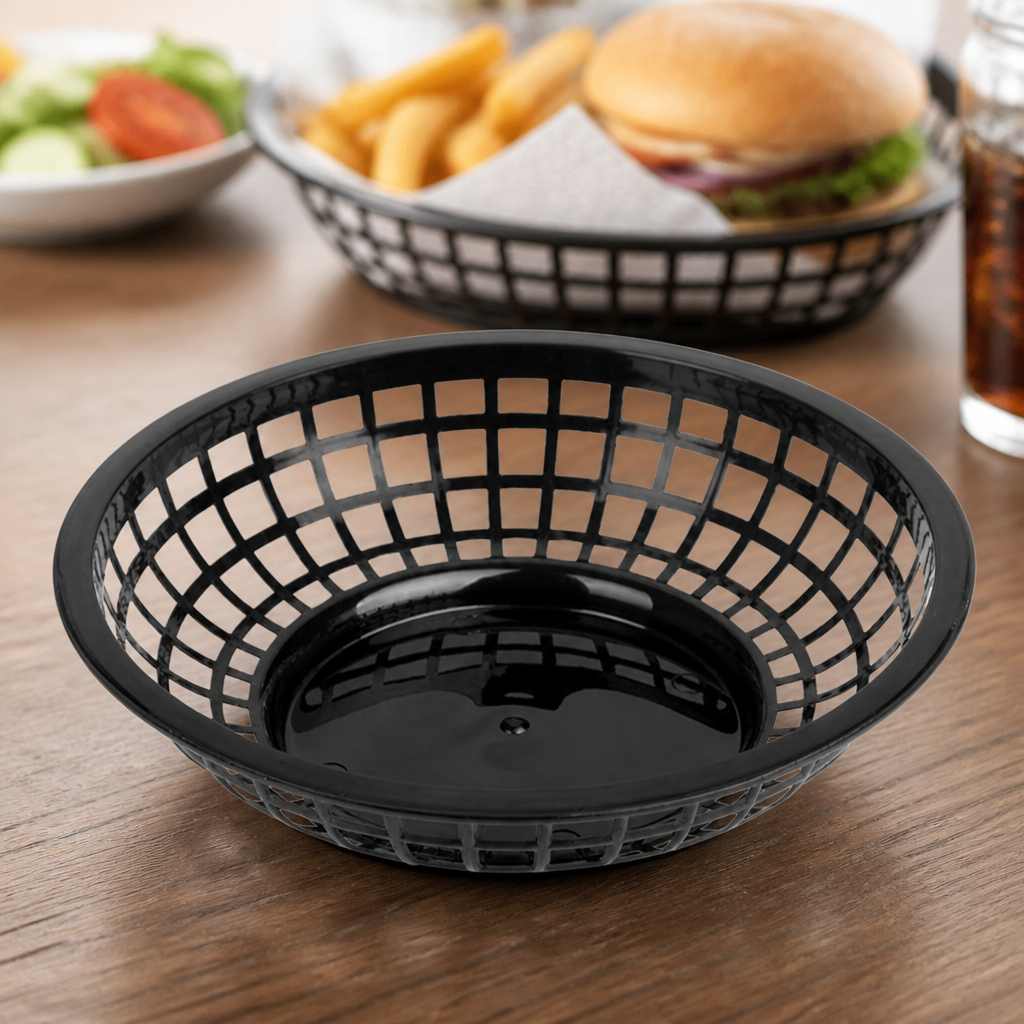 Commercial Round Food Baskets Black 200x50mm 6 Pack