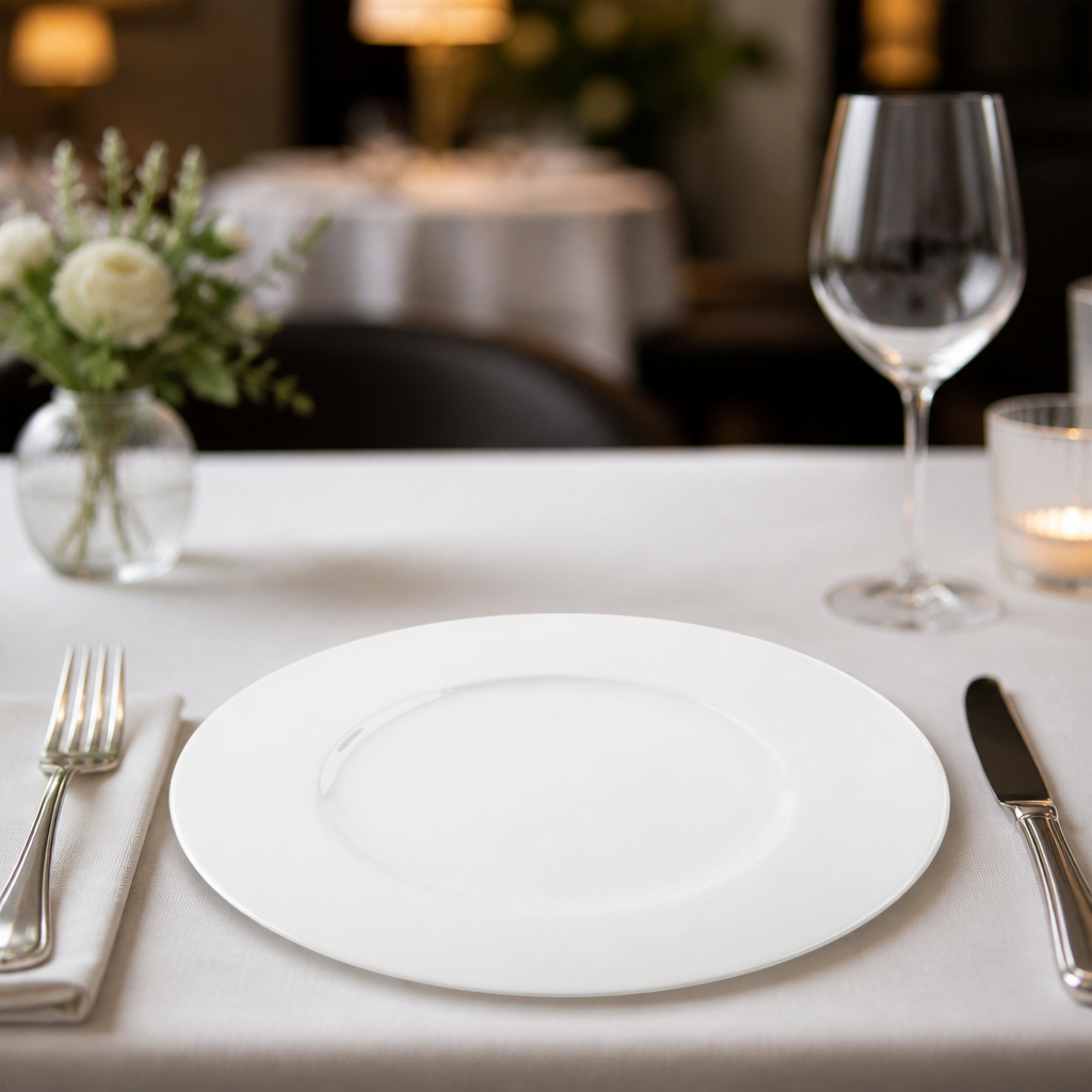 Commercial Wide Rim Bone China Flat Profile Plate 335mm