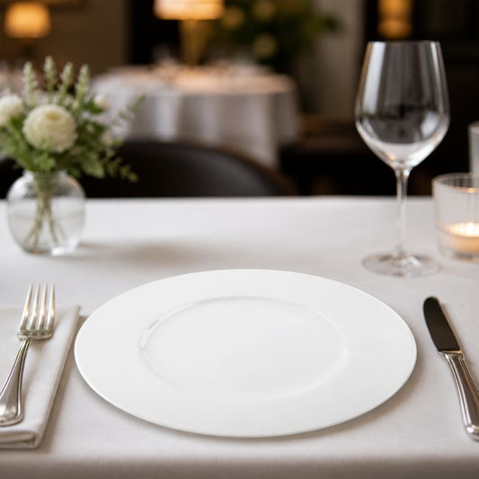 Commercial Wide Rim Bone China Flat Profile Plate 335mm