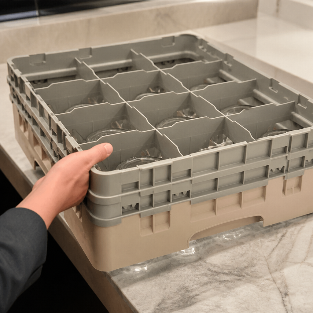 Commercial Glass Rack 16 Compartments Max Height 155mm Beige