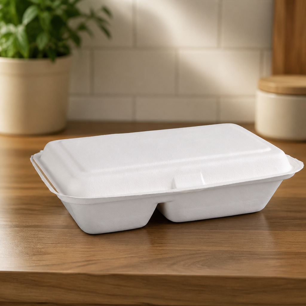 Commercial 2-Compartment Bagasse Takeaway Food Containers 200 Pack