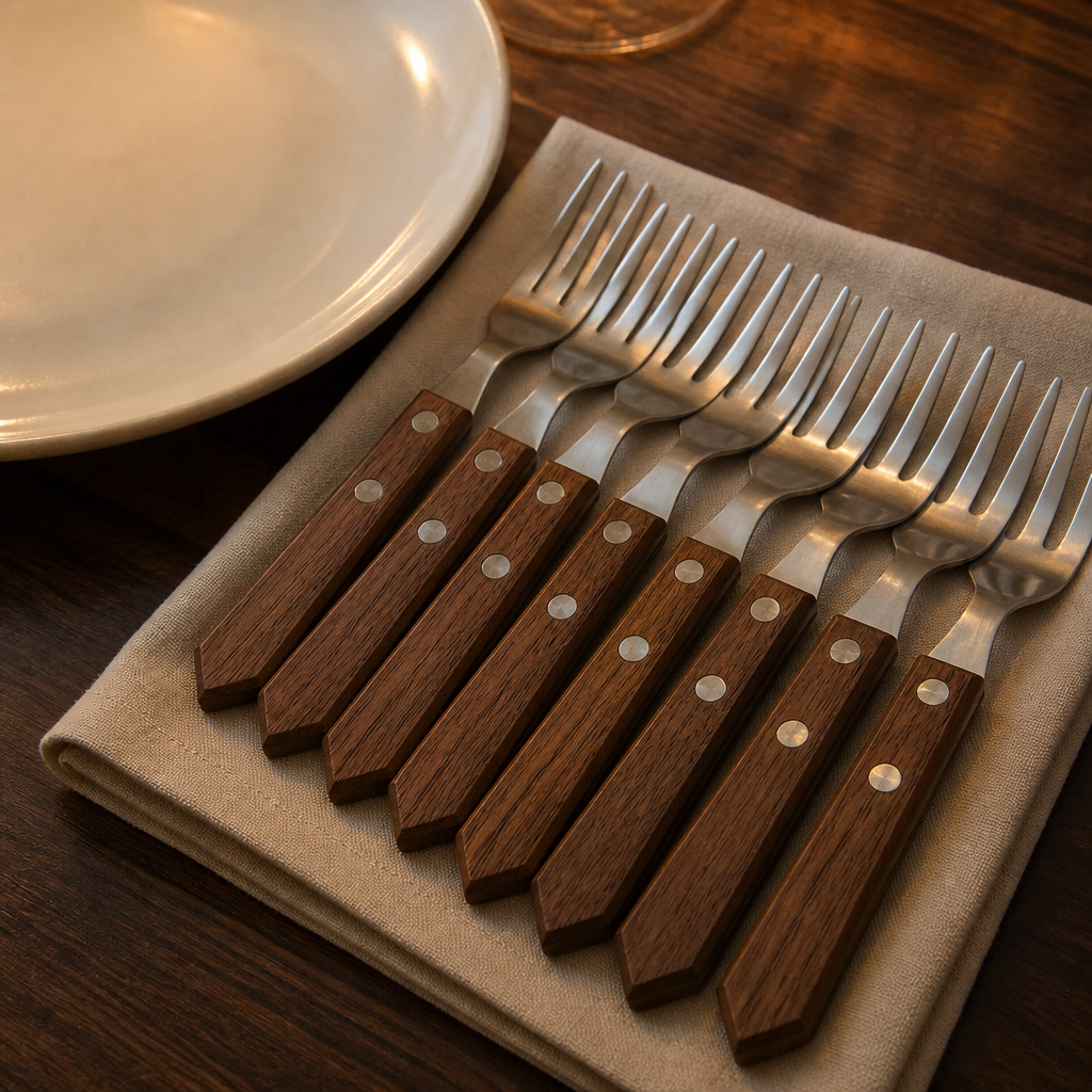Commercial steak forks with acacia wood handles, 12 pack