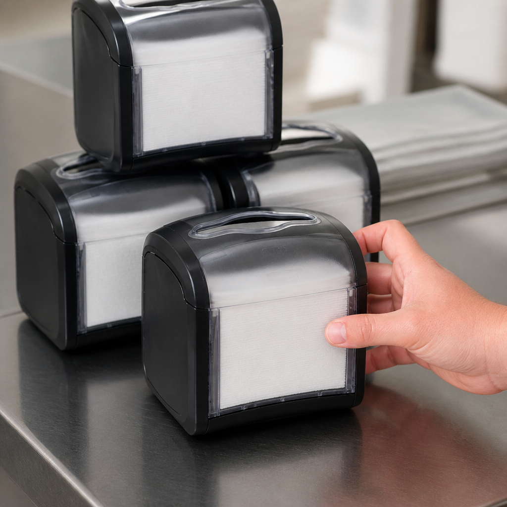 High capacity black tabletop napkin dispenser for commercial use