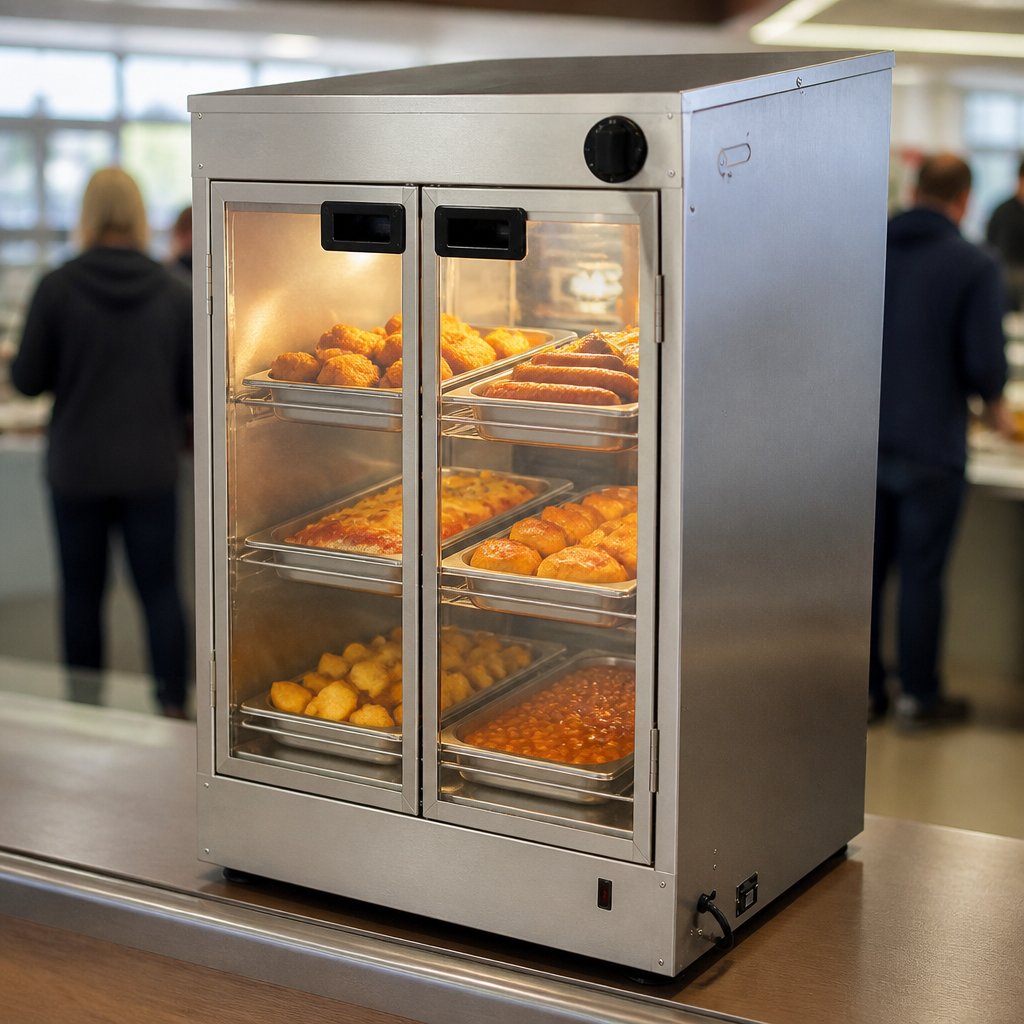 Commercial hot cupboard with double hinged doors and shelves
