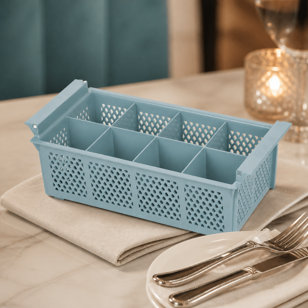 Commercial cutlery storage basket 130mm high blue